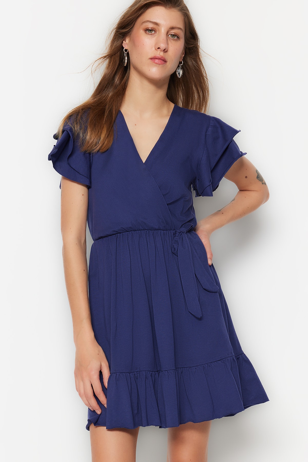 Trendyol Navy Blue 100% Cotton Ruffle Detailed Double-breasted Mini Knitted Dress With Frill Detail On The Sleeves