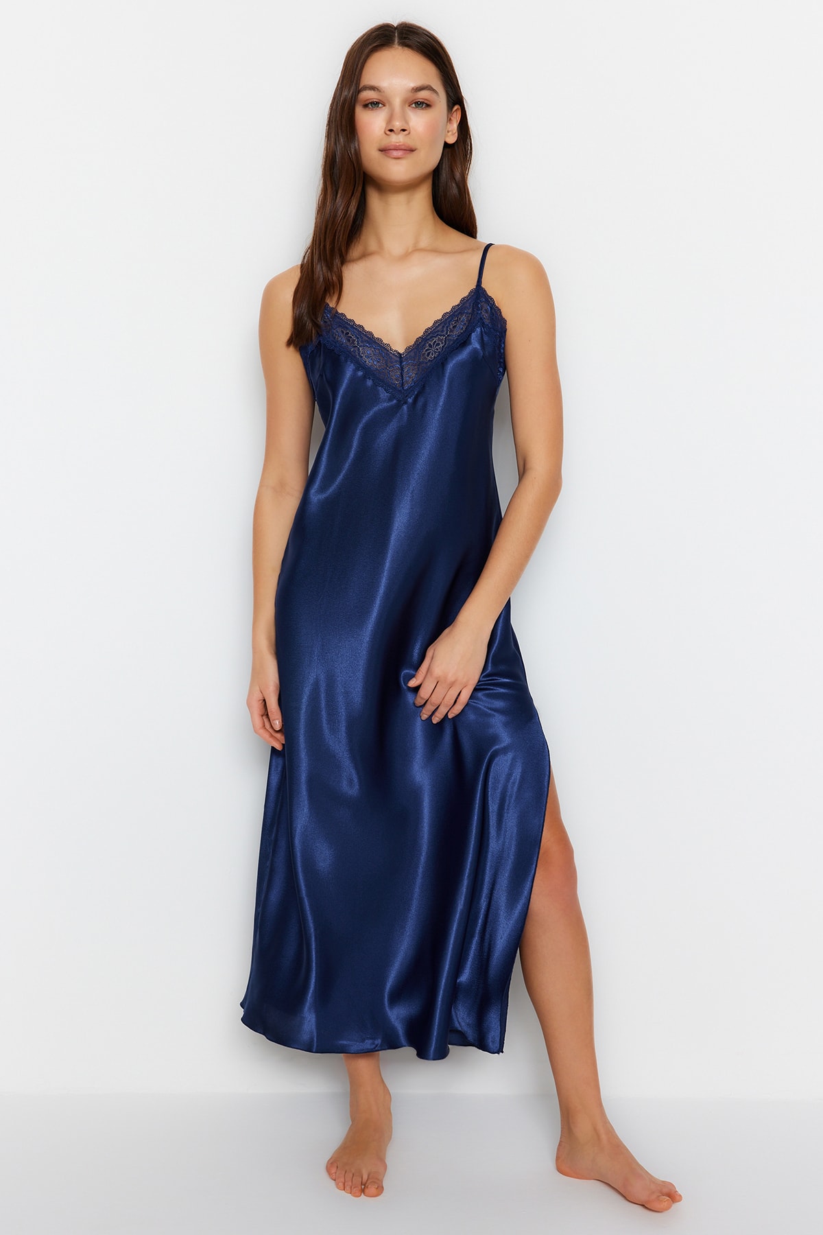 Trendyol Indigo Satin Lace And Slit Detailed Woven Nightgown