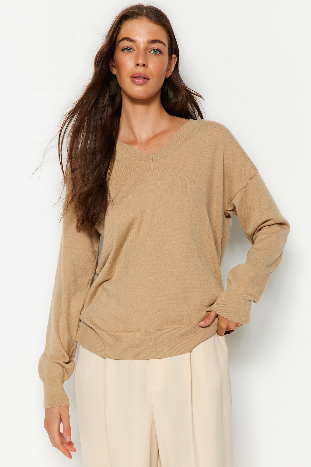 Trendyol Wide Fit Camel Premium Yarn / Special Yarn Knitwear Sweater