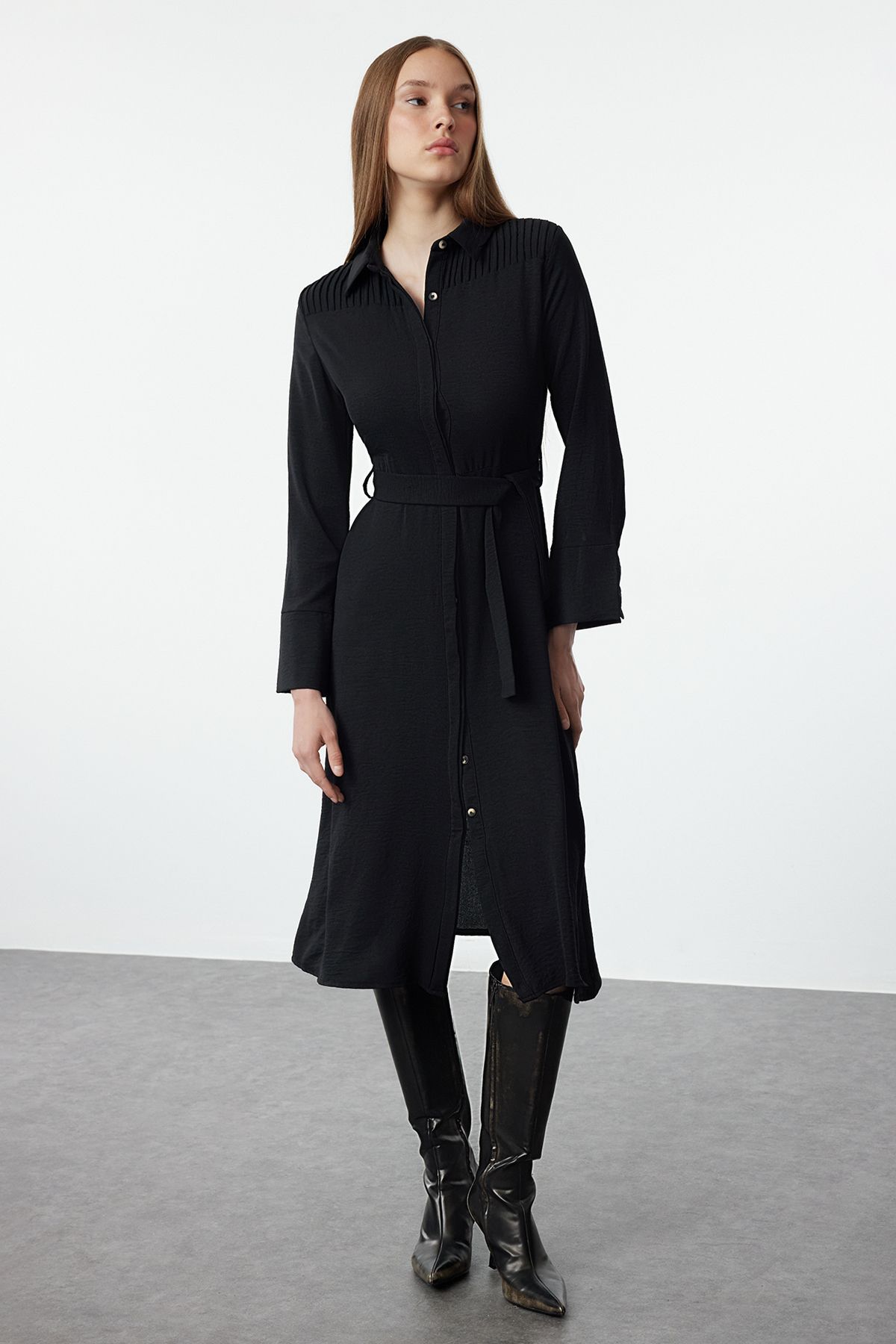 Trendyol Black Belted Buttoned Woven Shirt Dress
