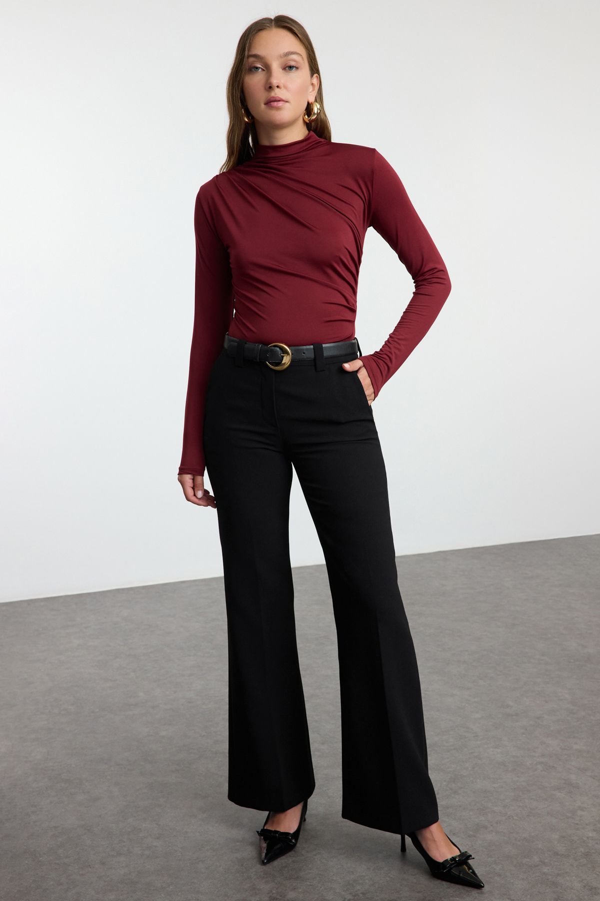 Trendyol Burgundy Gather Detailed Stand-Up Collar Snap-On Stretchy Knitted Body