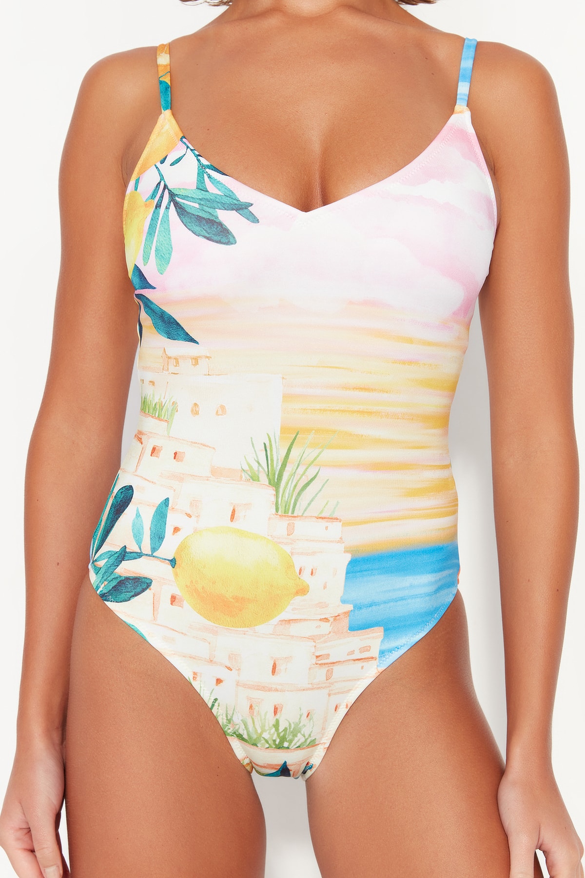 Trendyol Scenery Patterned V-Neck Regular Leg Swimsuit