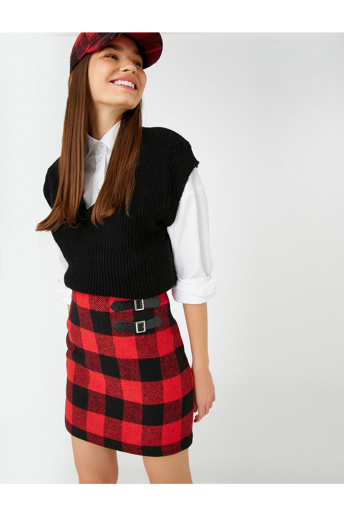 Levně Koton Checkered Mini Skirt With Double Buckle Detail Zipper.