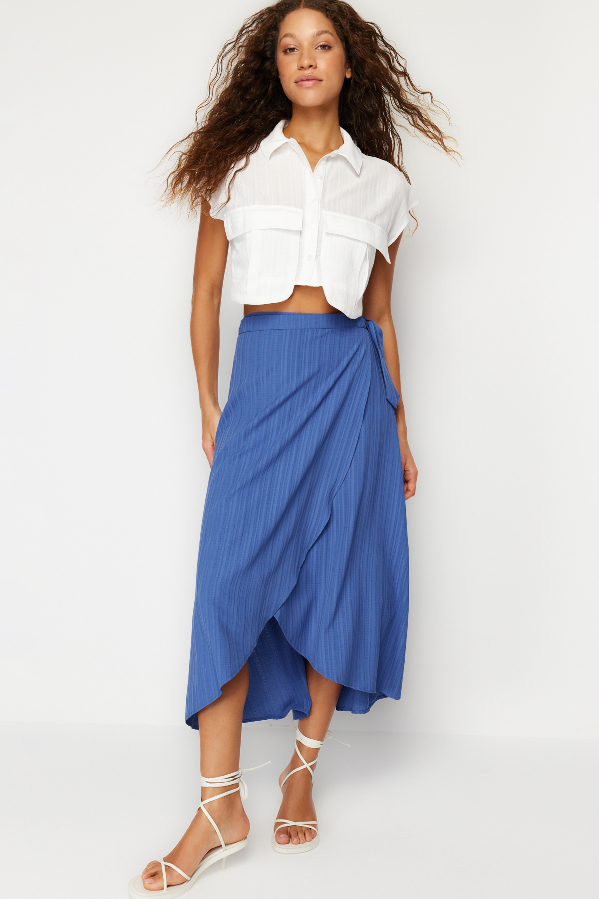 Trendyol Navy Blue Double Breasted Closure Tie Detailed Midi Length Woven Skirt