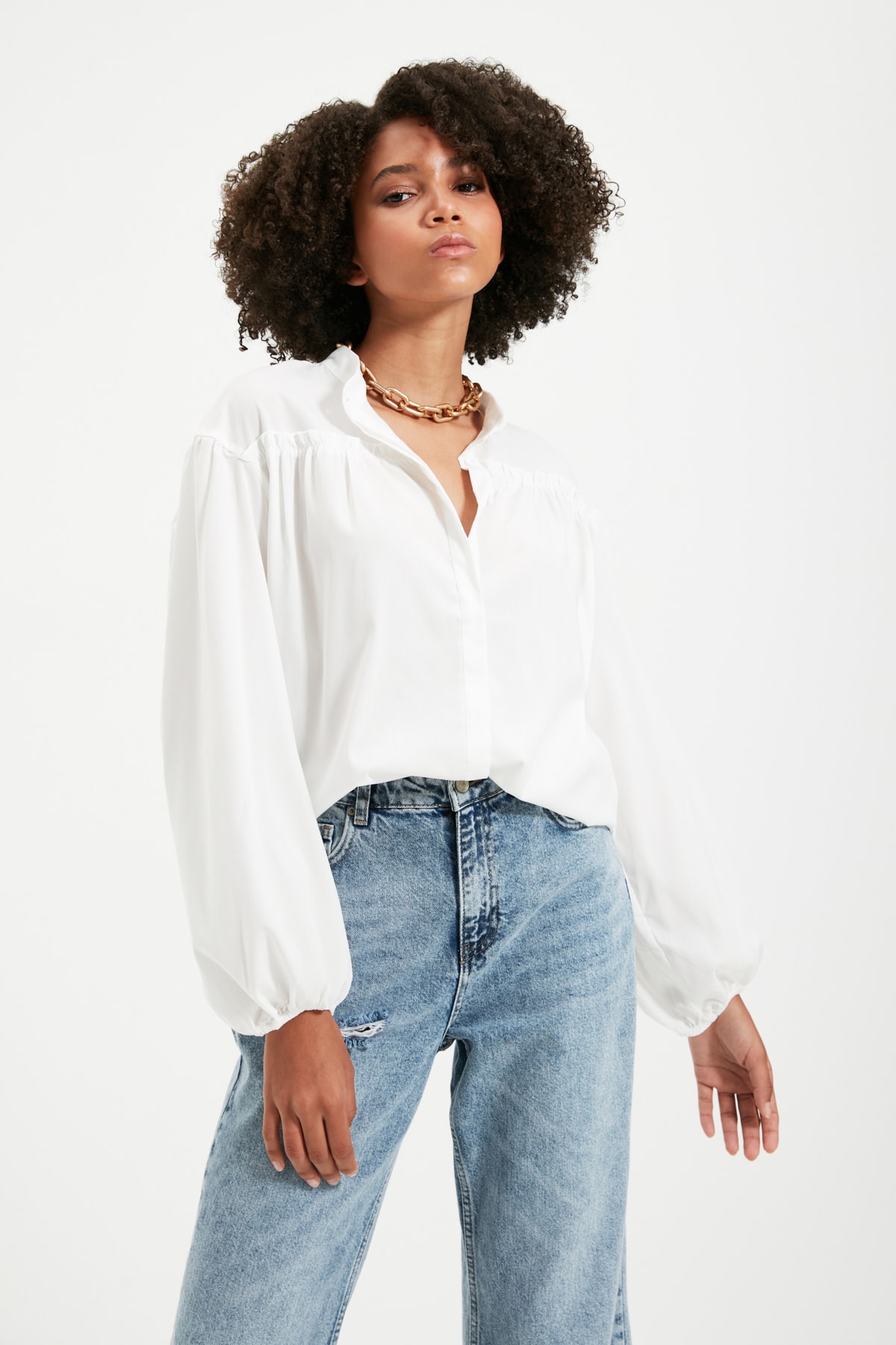 Trendyol Ecru Stand Up Collar Oversized Flowy Blouse