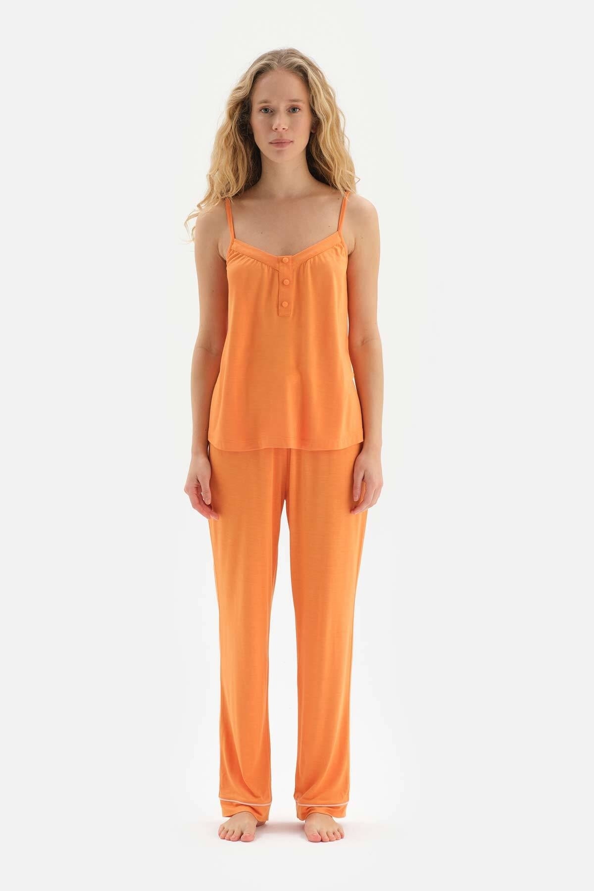 Levně Dagi Orange Strap Button Detailed Viscose Pajama Set