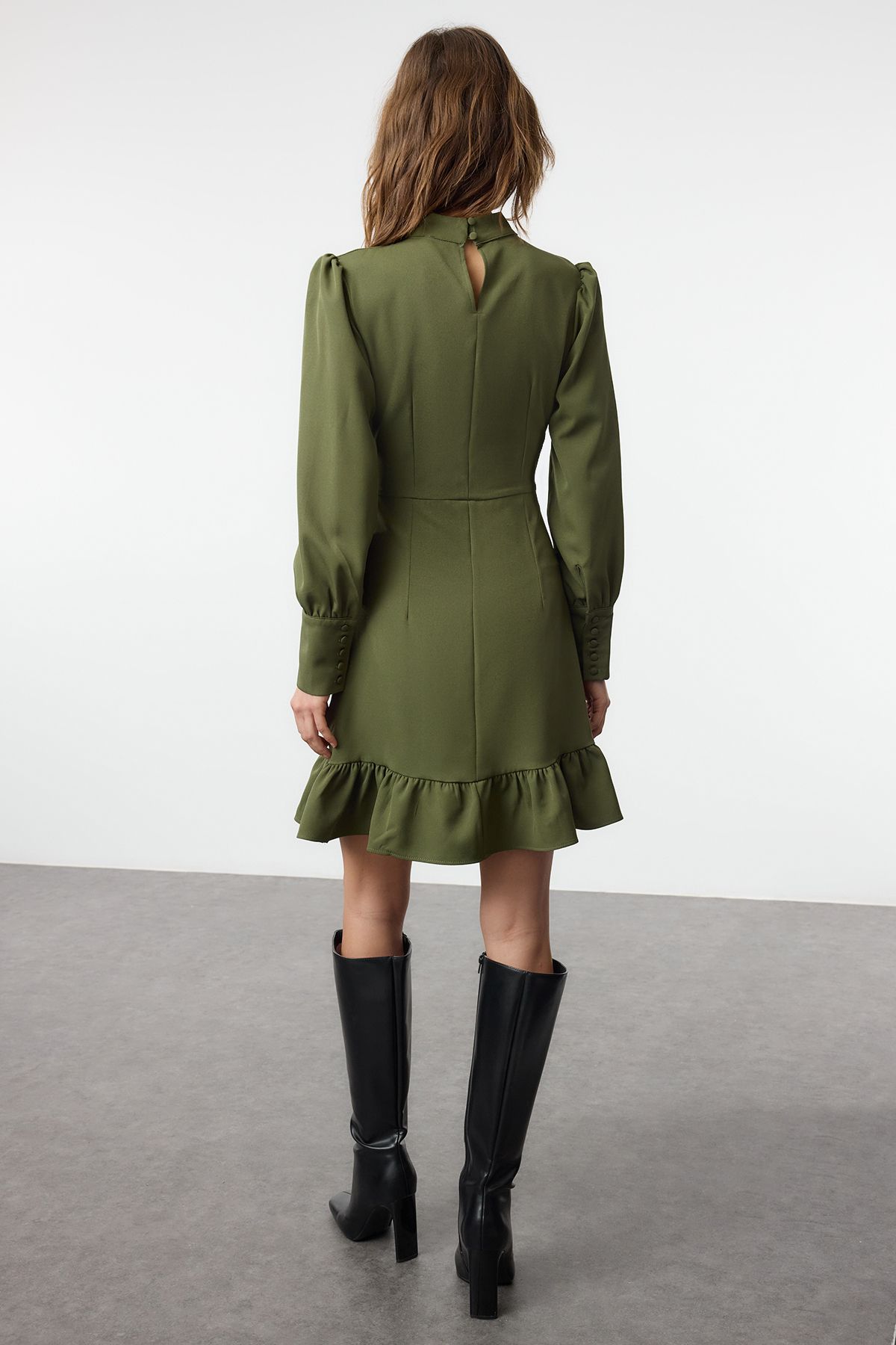 Trendyol Khaki A-Line Stand Collar Mini Woven Dress with Pleated Skirt