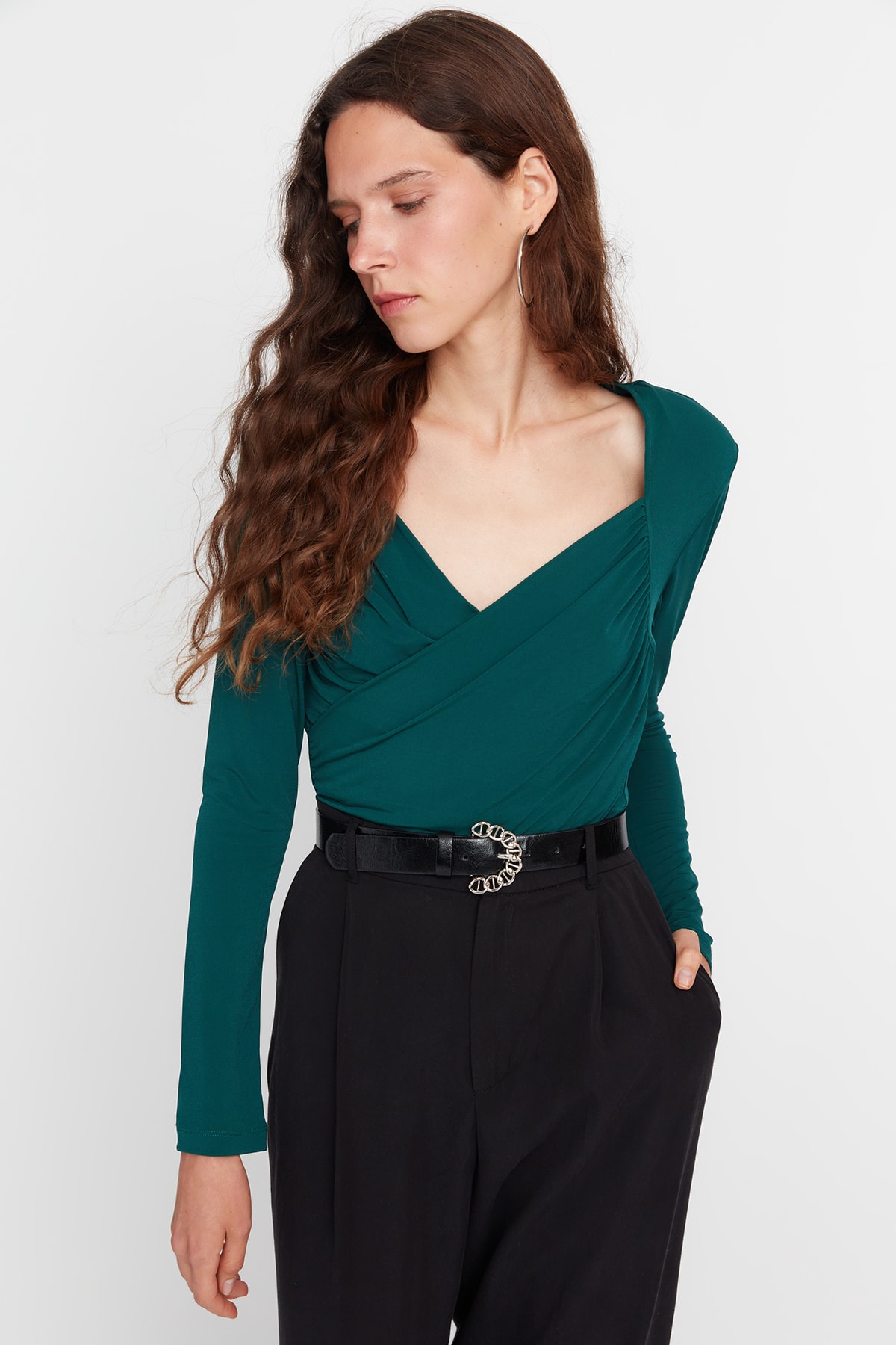 Levně Trendyol Emerald Green Waistband Draped Detail Fitted/Situated Elastic Snaps Knitted Bodysuit