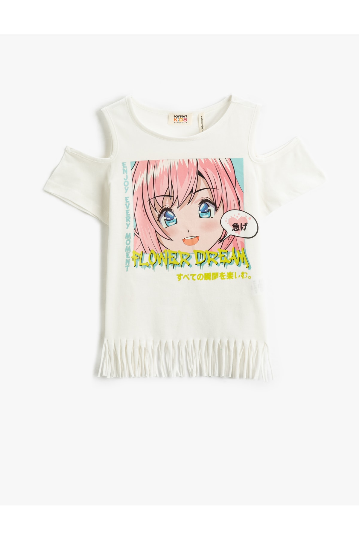 Koton Anime Printed T-Shirt with Tassels Short Sleeves Window Detail Cotton