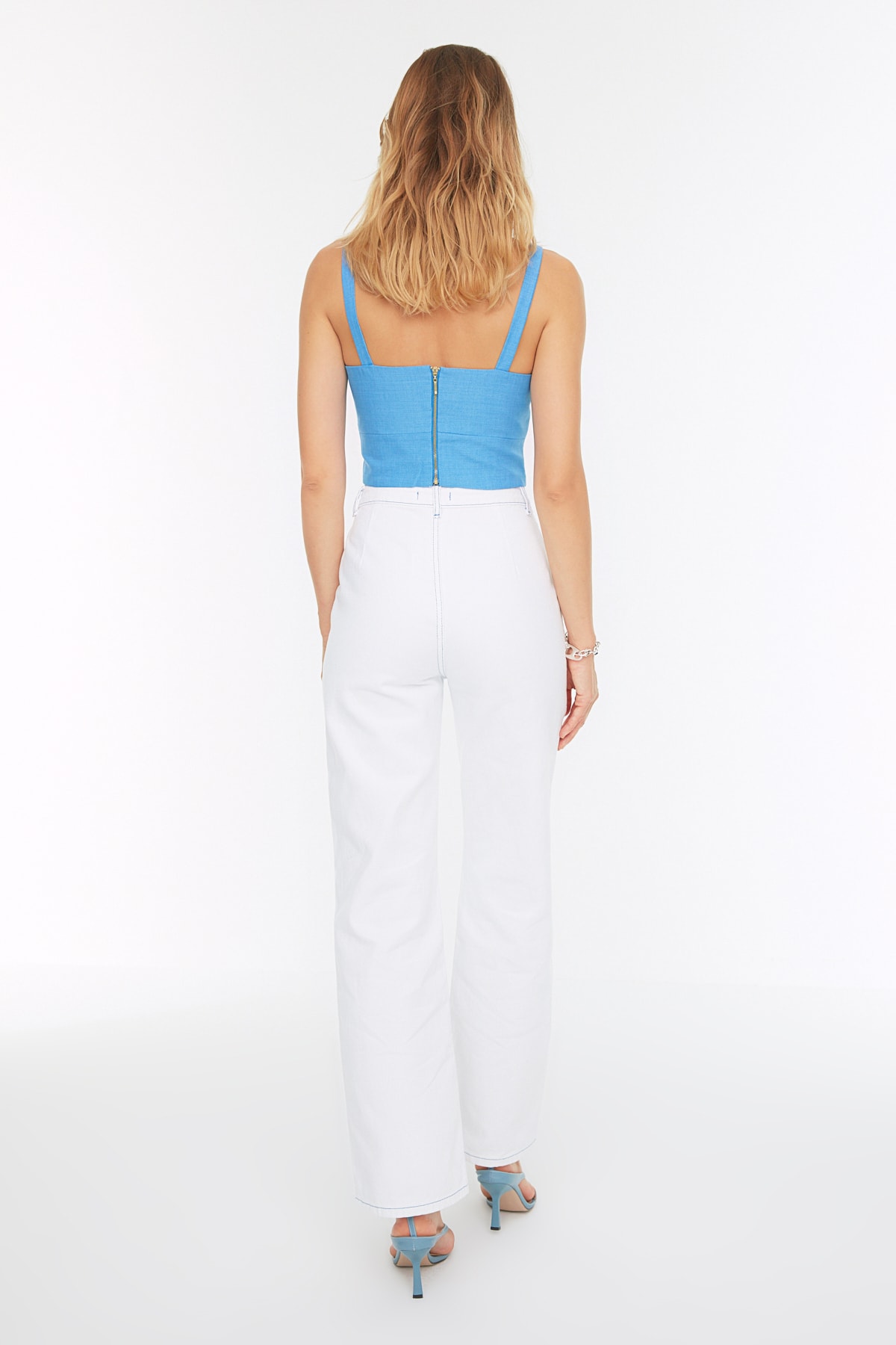 Blugi Trendyol White High Waist 90's Wide Leg cu detalii de cusătură