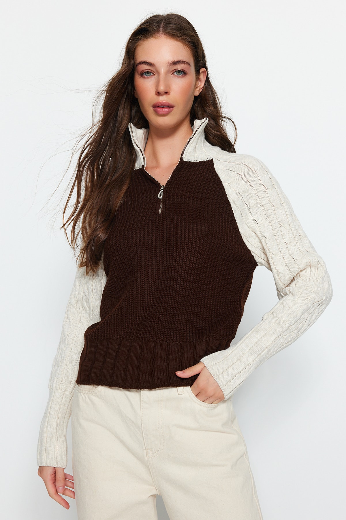 Trendyol Stone Color Block High Neck Knitwear Sweater