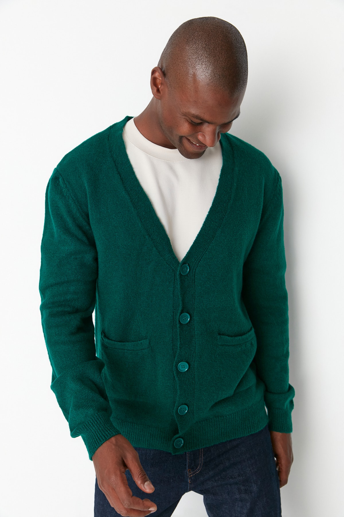 Levně Trendyol Emerald Green Slim Fit Pocket Knitwear Cardigan