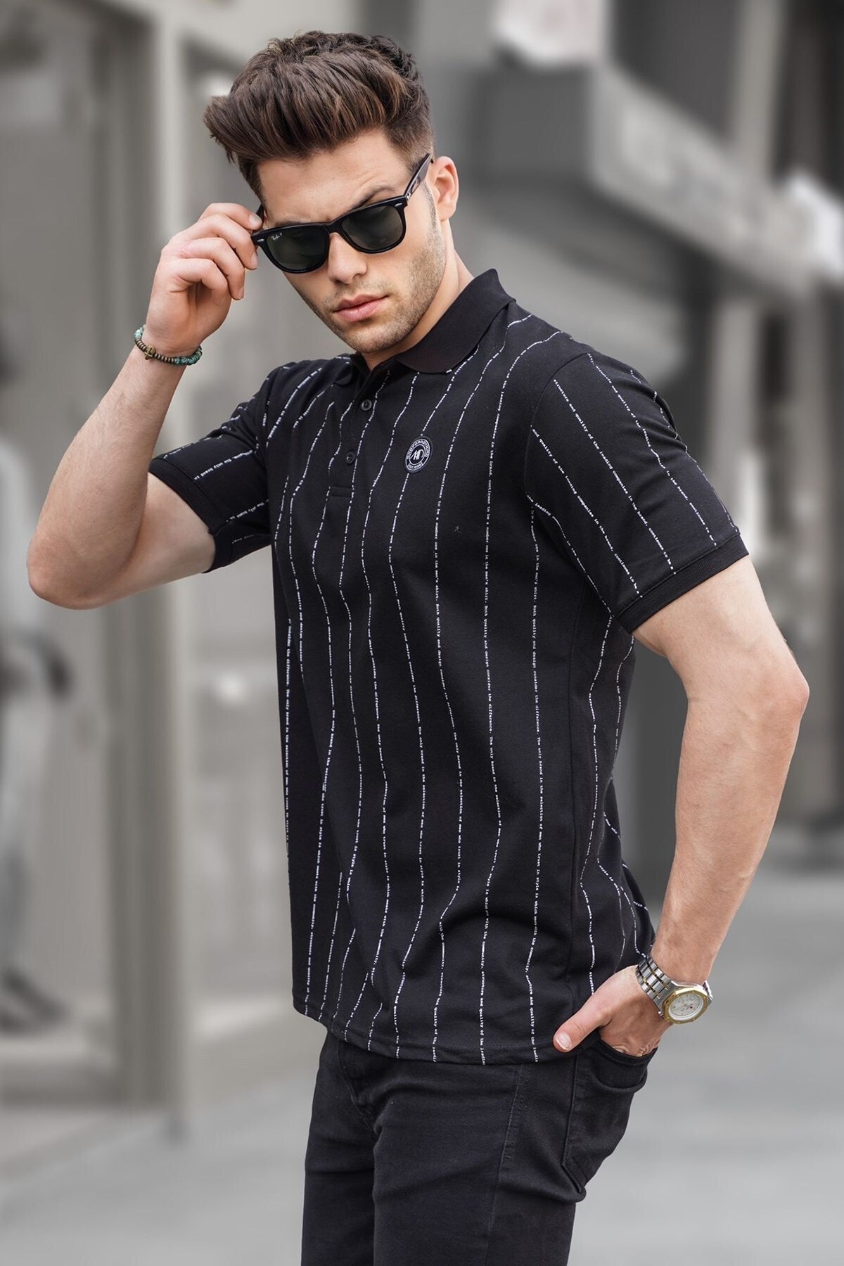Levně Madmext Striped Black Polo Neck T-Shirt 5879