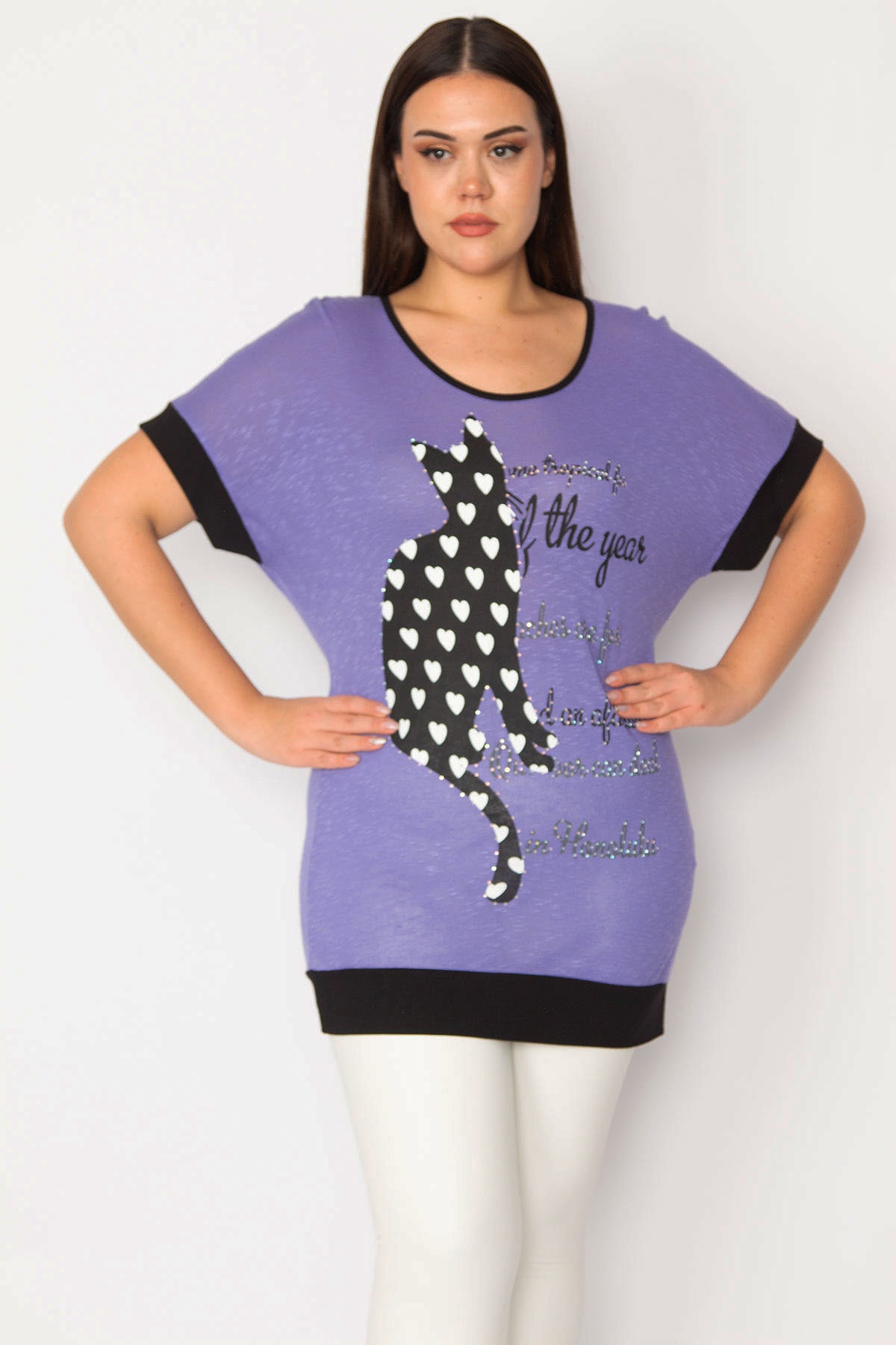 Şans Women's Plus Size Lilac Front Stones And Print Detailed Tunic
