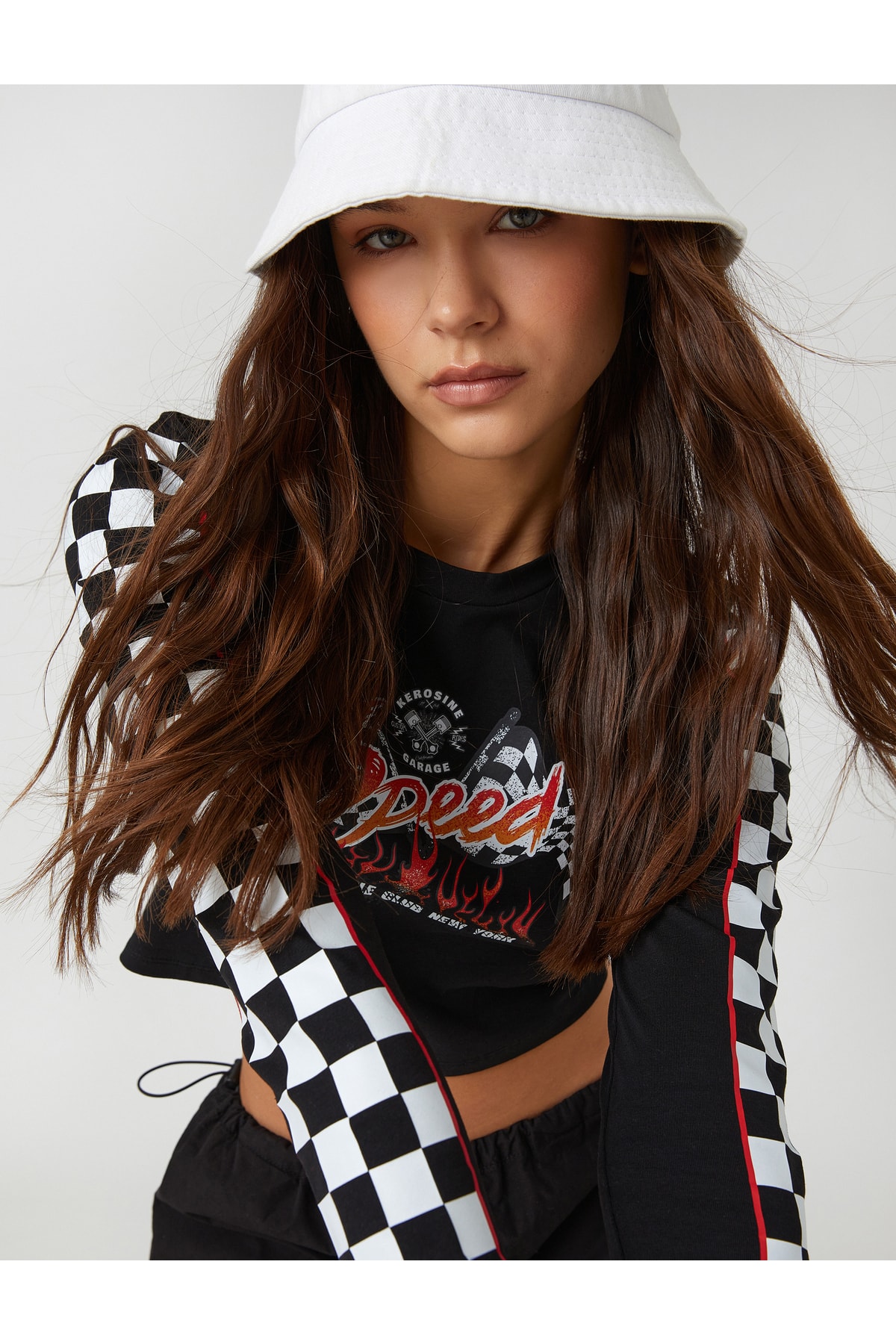 Koton Long Sleeve T-Shirt with Slogan Print Crew Neck Checkered