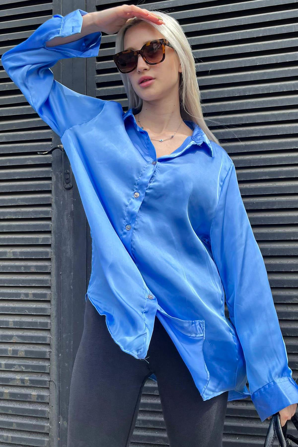 Madmext Blue Basic Women's Satin Shirt Mg1326
