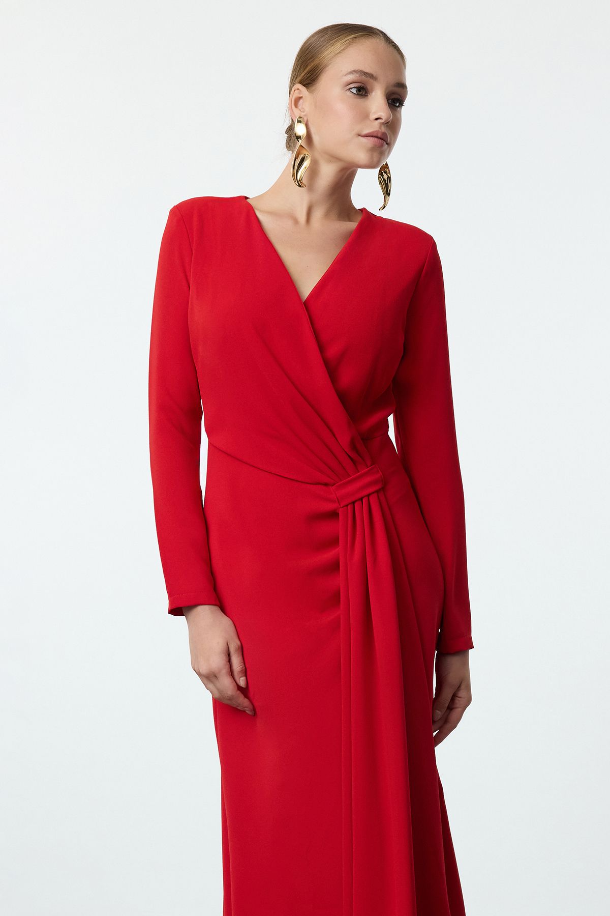 Trendyol Red Double Breasted Crepe Woven Long Elegant Evening Dress