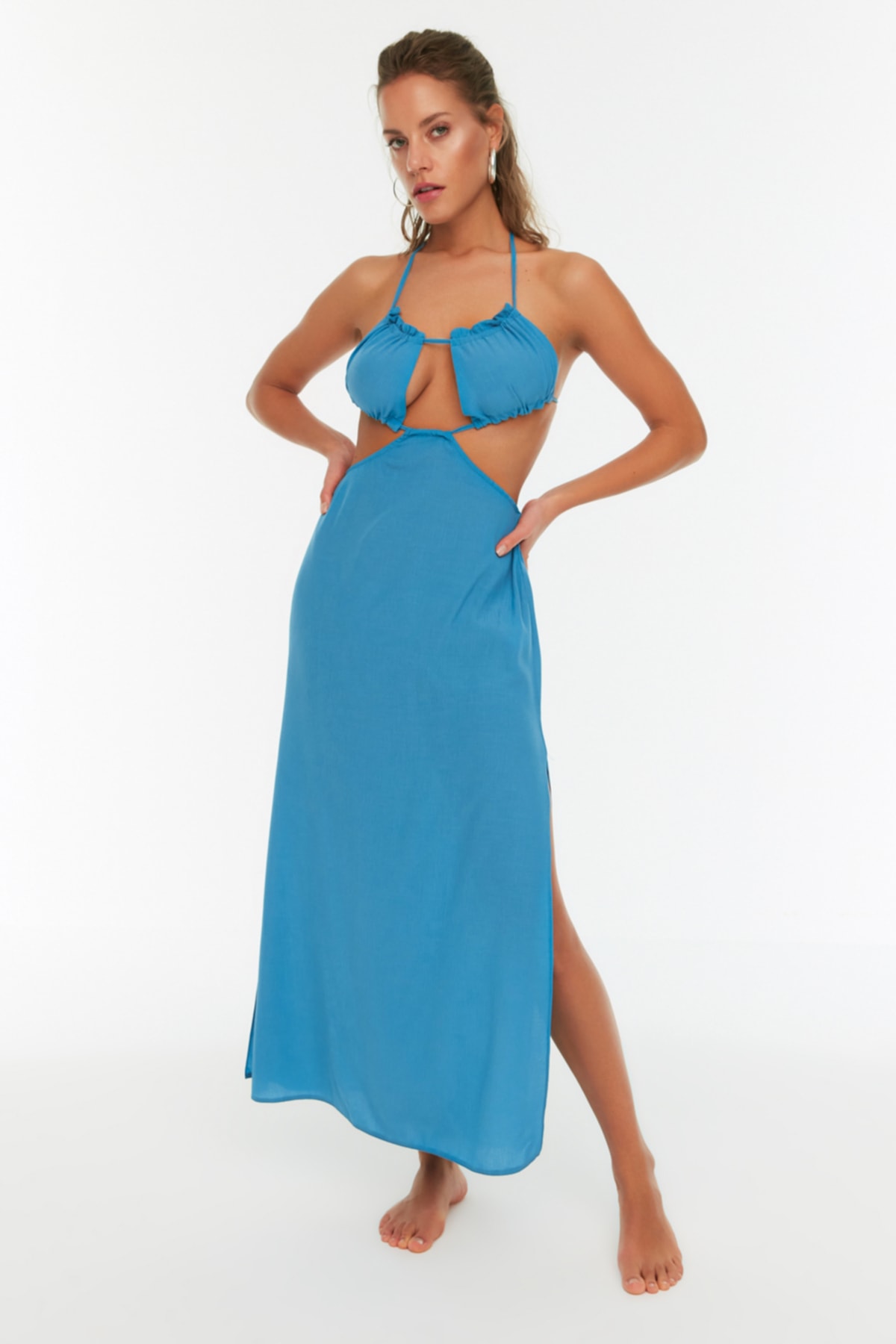 Levně Trendyol Turquoise Cut-Out Detailed Beach Dress