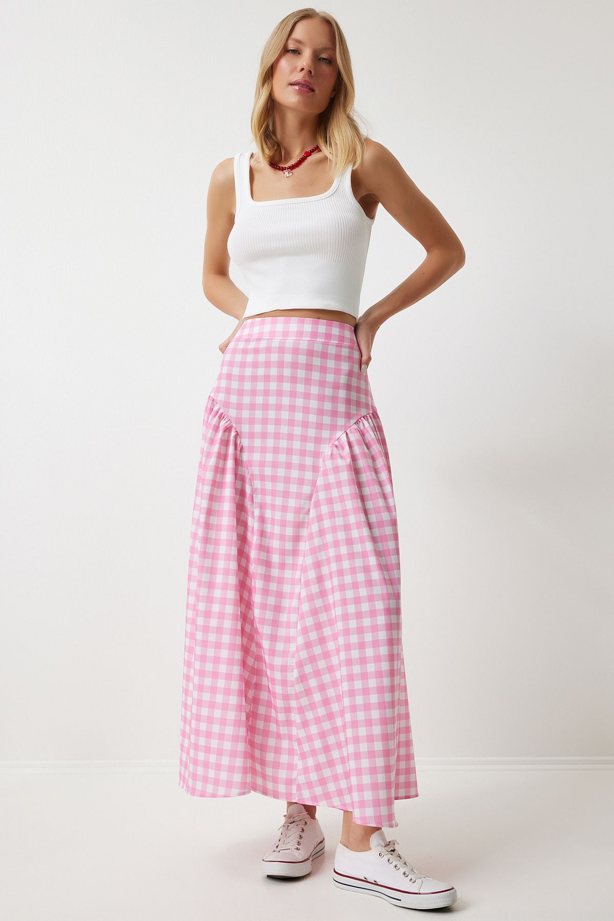 Happiness İstanbul Women's Pink Gingham Flounce Summer Poplin Skirt