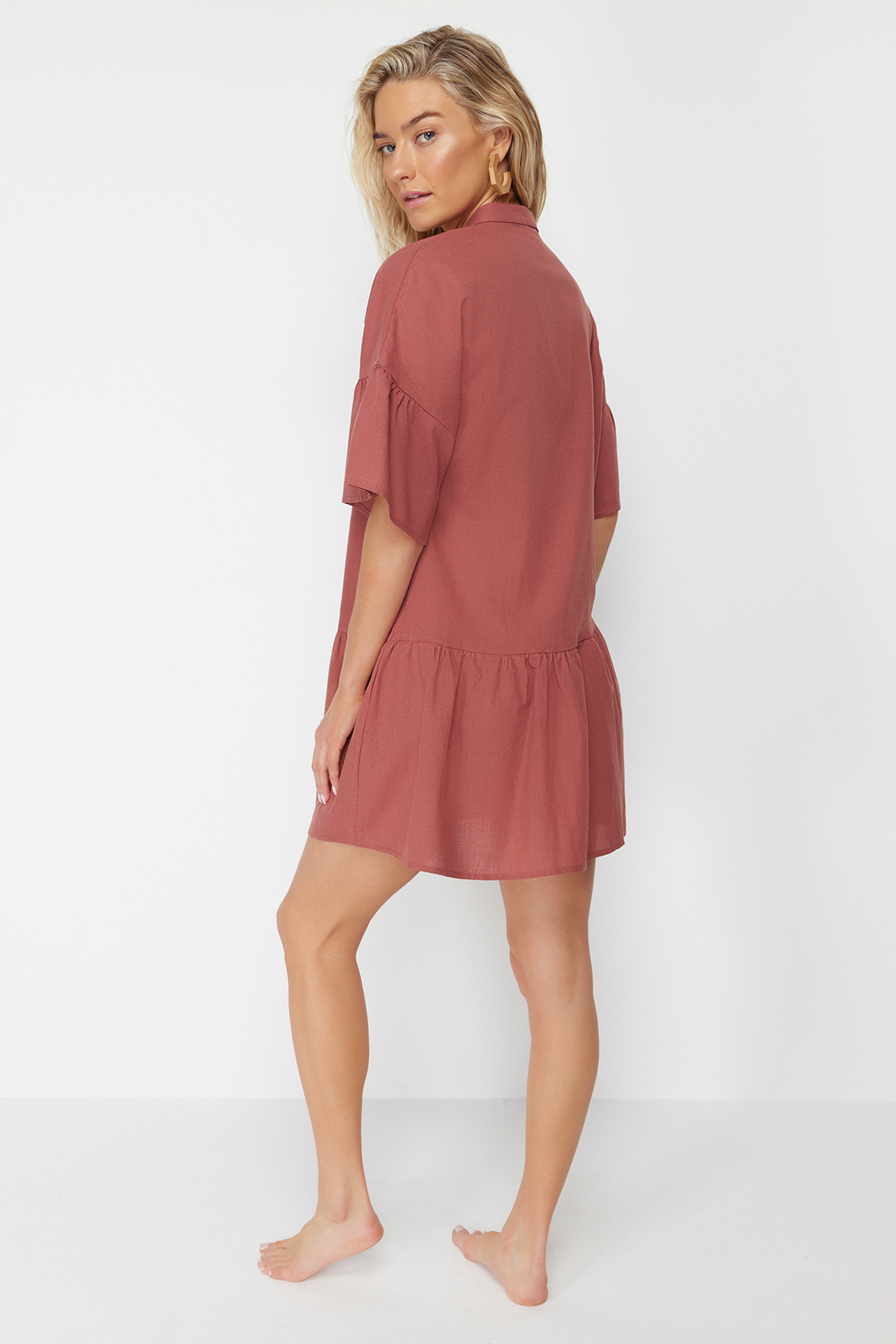 Trendyol Tile Wide Fit Mini Woven Flounce 100% Cotton Beach Dress