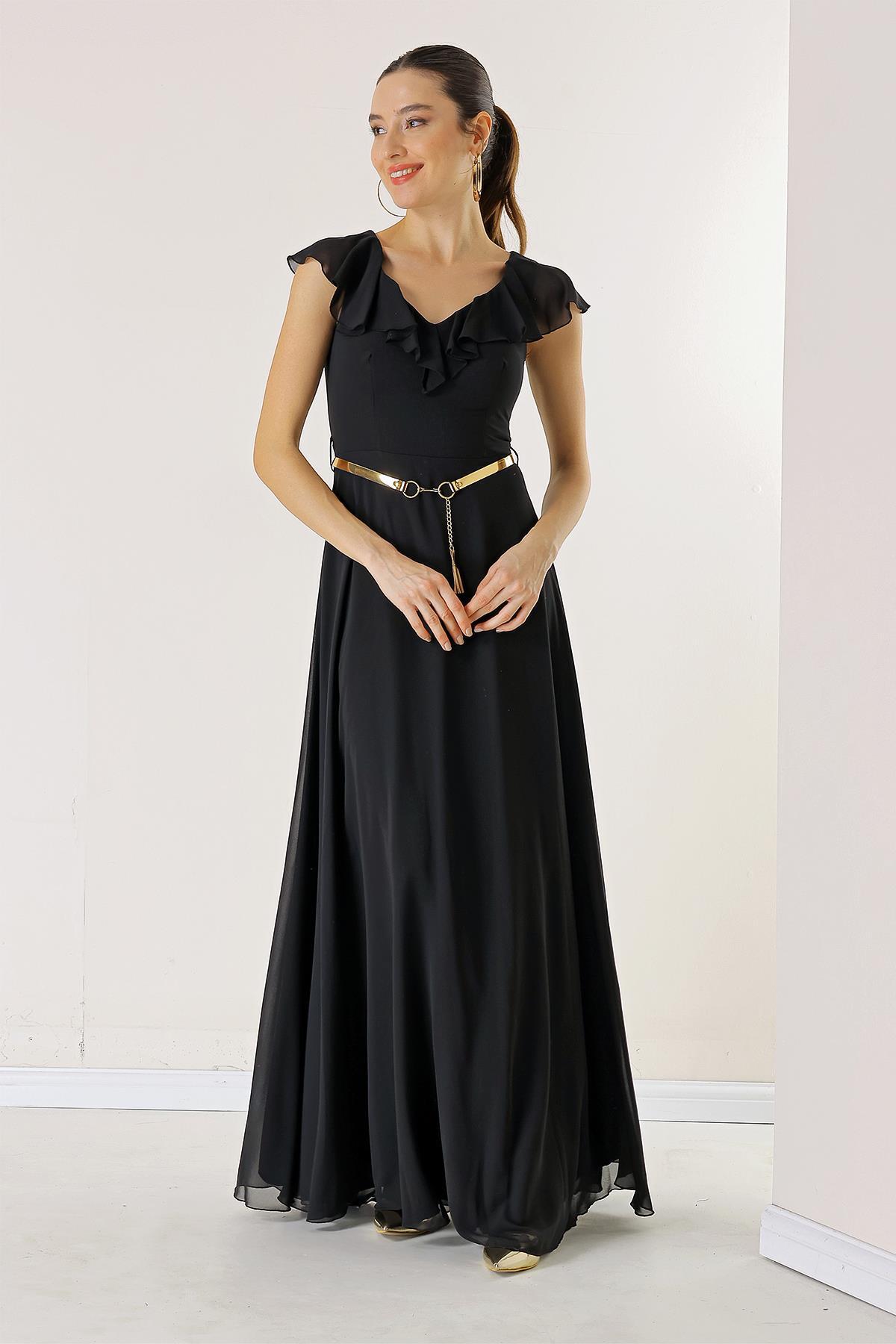 By Saygı Flounced Collar, Belted Waist, Lined Long Chiffon Dress