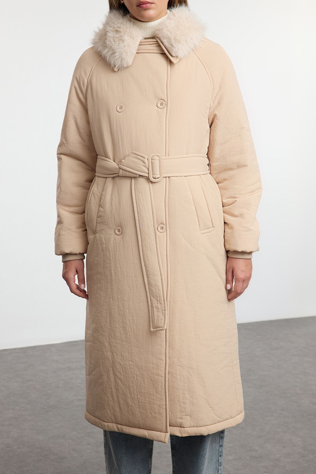 Trendyol Mink Oversize Molded Collar Plush Detail Belted Water Repellent Long Parka Puffer Coat