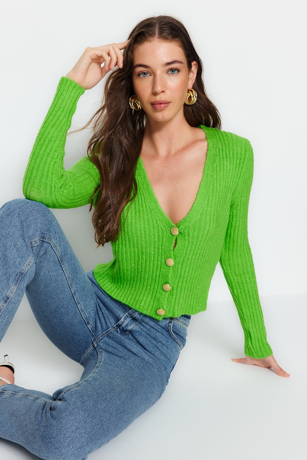 Trendyol Green Crop V-Neck Knitwear Cardigan