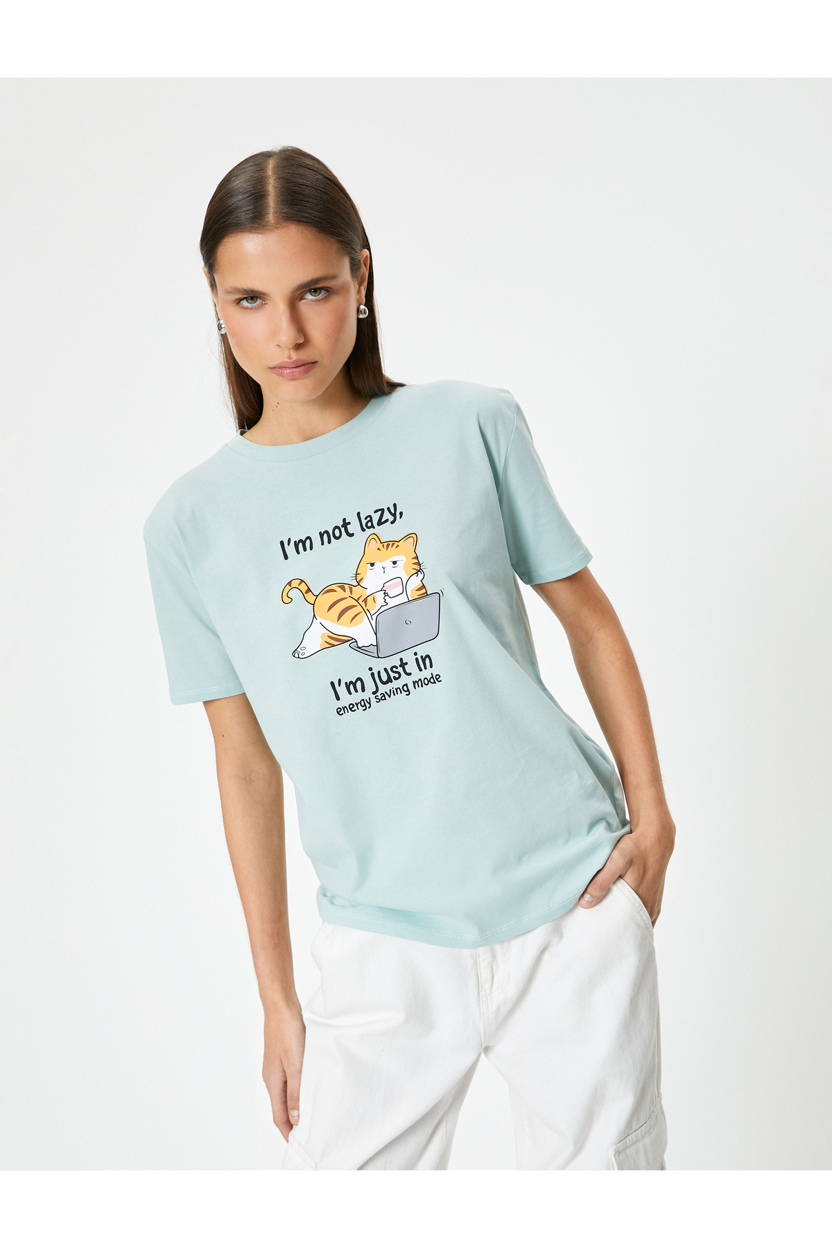 Koton Cat Printed T-Shirt Short Sleeve Crew Neck Comfortable Fit