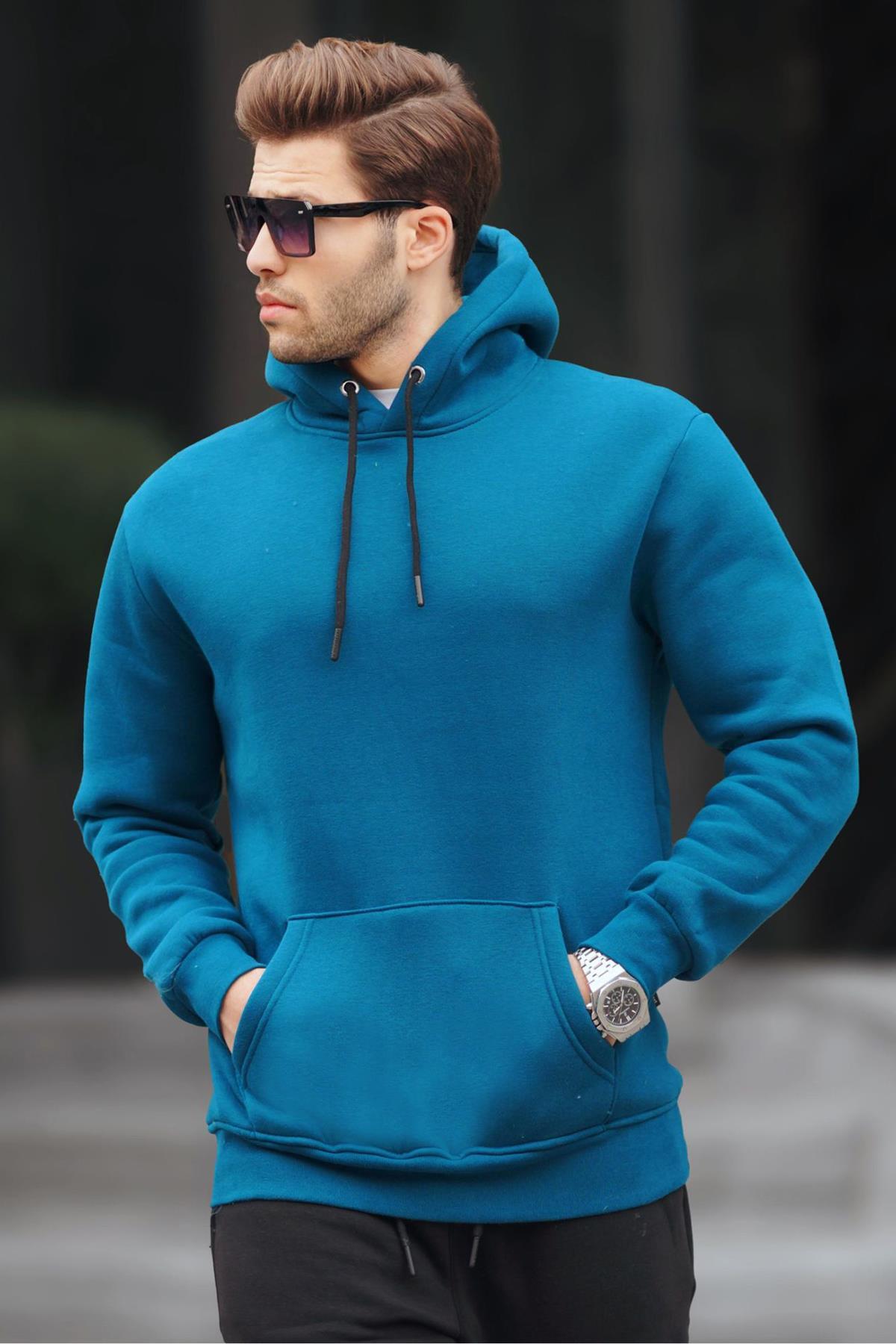 Madmext Men's Oil Blue Hooded Sweatshirt 5339