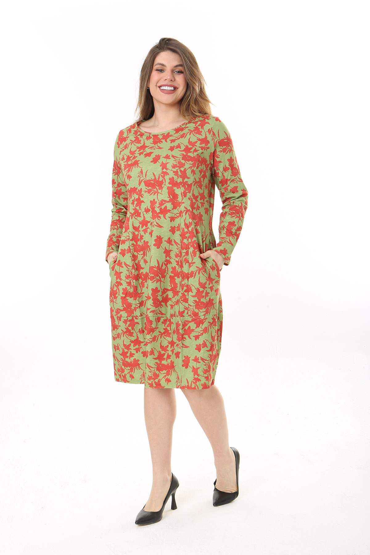 Şans Women's Plus Size Green Organic Cotton Fabric Cup Detailed Long Sleeve Dress