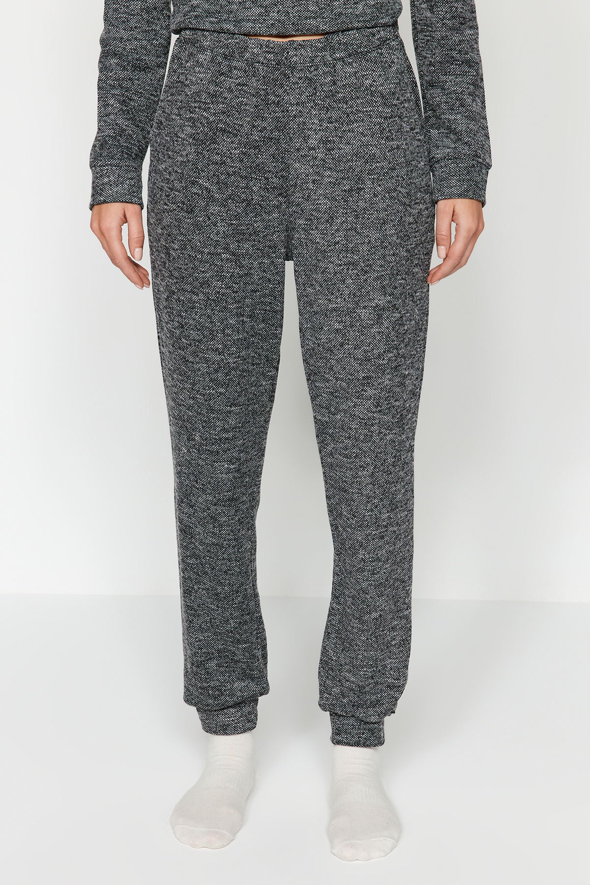 Trendyol Gray Cotton Motto Printed Sweatshirt-Jogger Knitted Pajamas Set