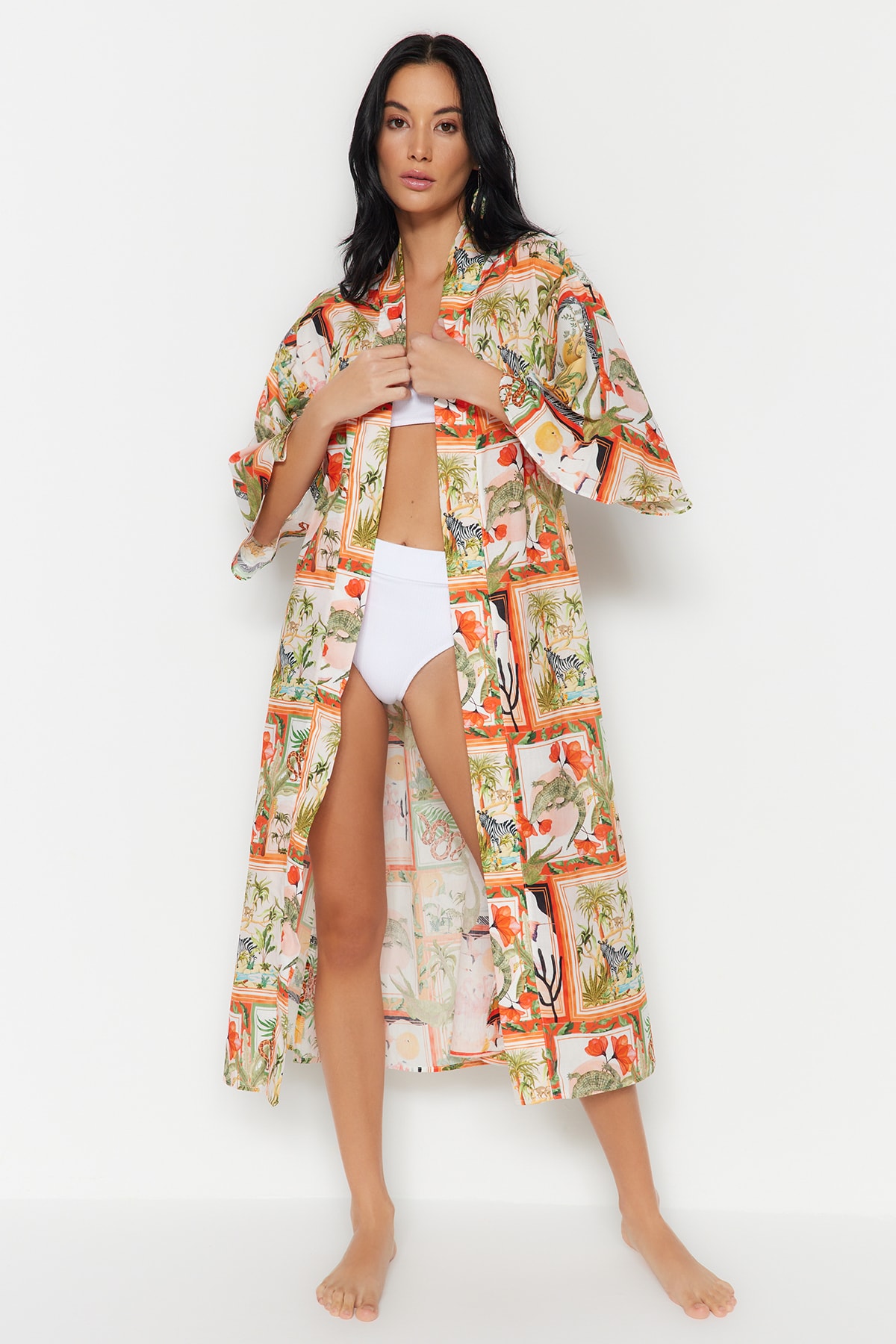 Trendyol Tropical Pattern Belted Maxi-Weave 100% Cotton Kimono & Caftan