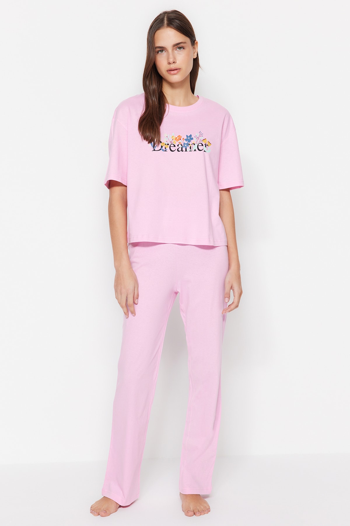 Levně Trendyol Light Pink 100% Cotton Motto Printed T-shirt-Pants Knitted Pajamas Set