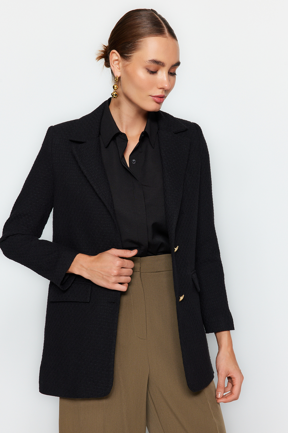Levně Trendyol Black Tweed Regular Lined Woven Blazer Jacket with Metal Buttons