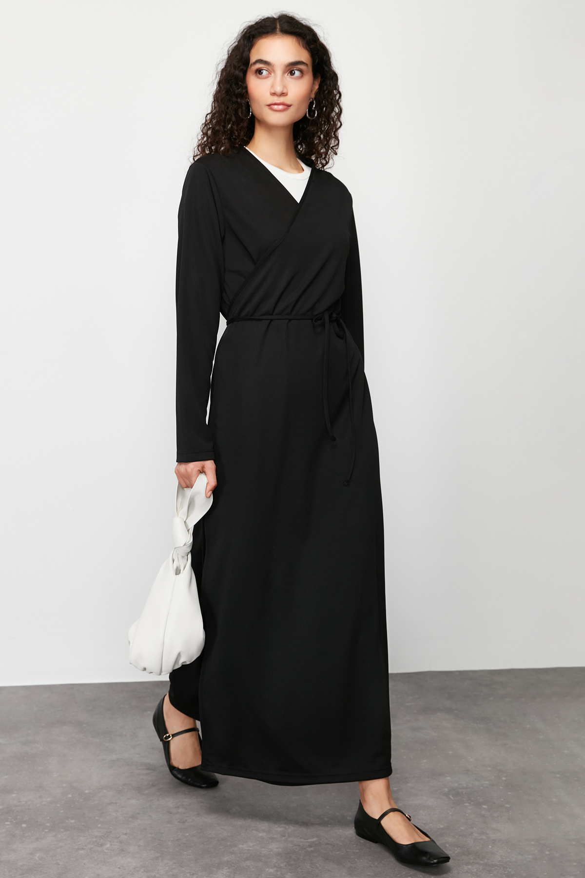 Trendyol Black Double Breasted Neck Belted Plain Knitted Dress