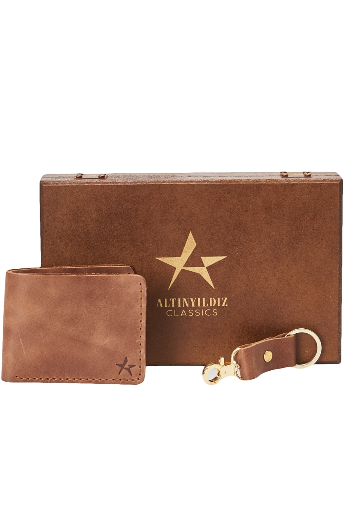 Levně ALTINYILDIZ CLASSICS Men's Brown 100% Genuine Leather Wallet-Keychain Set with Special Gift Box