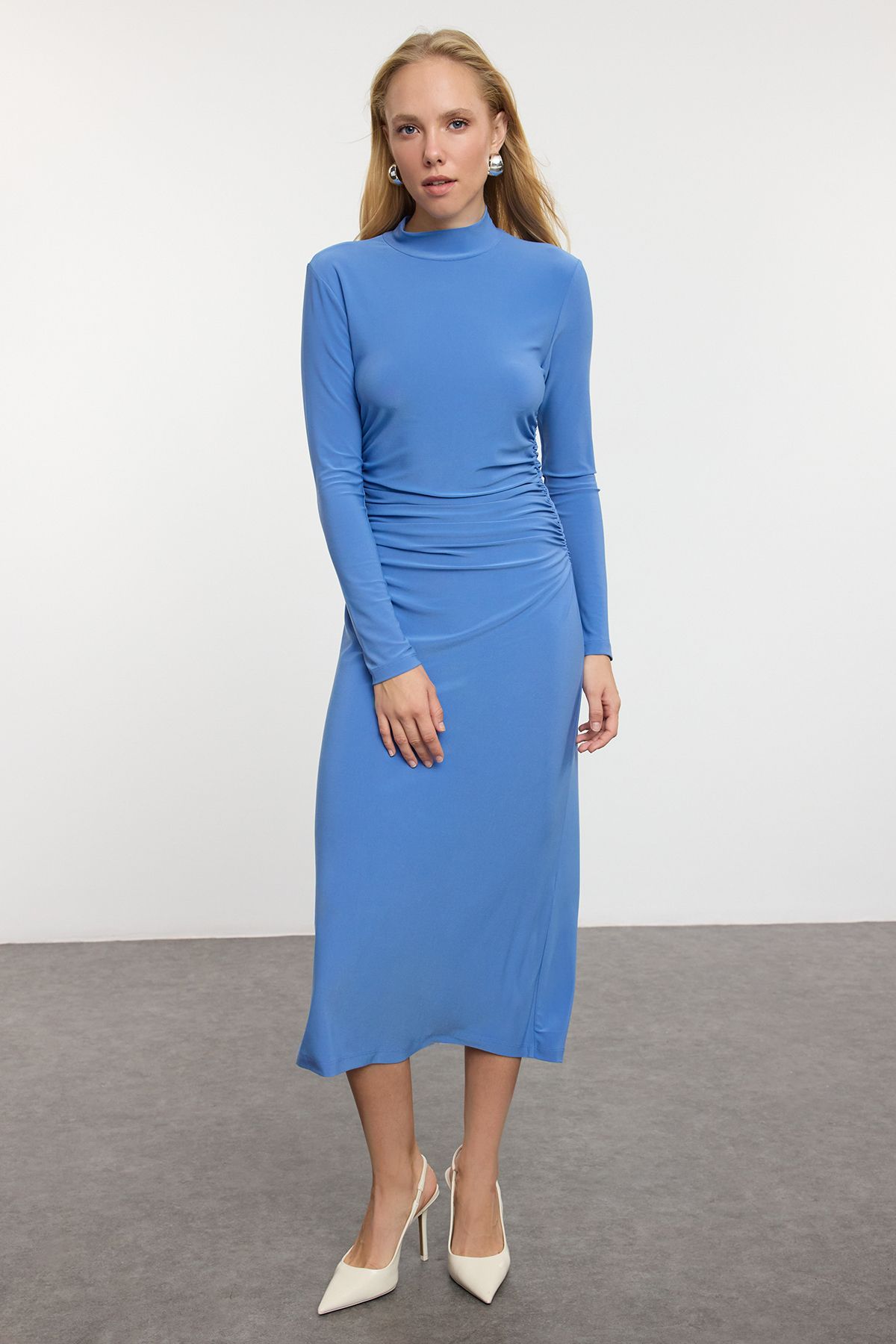 Trendyol Blue Plain Drape Detailed High Collar A-Line Flexible Midi Knitted Knitted Dress