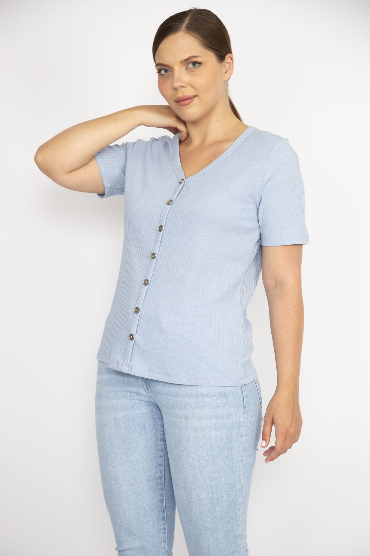 Şans Women's Blue Plus Size V-Neck Front Decorative Buttoned Camisole Fabric Short Sleeve Blouse
