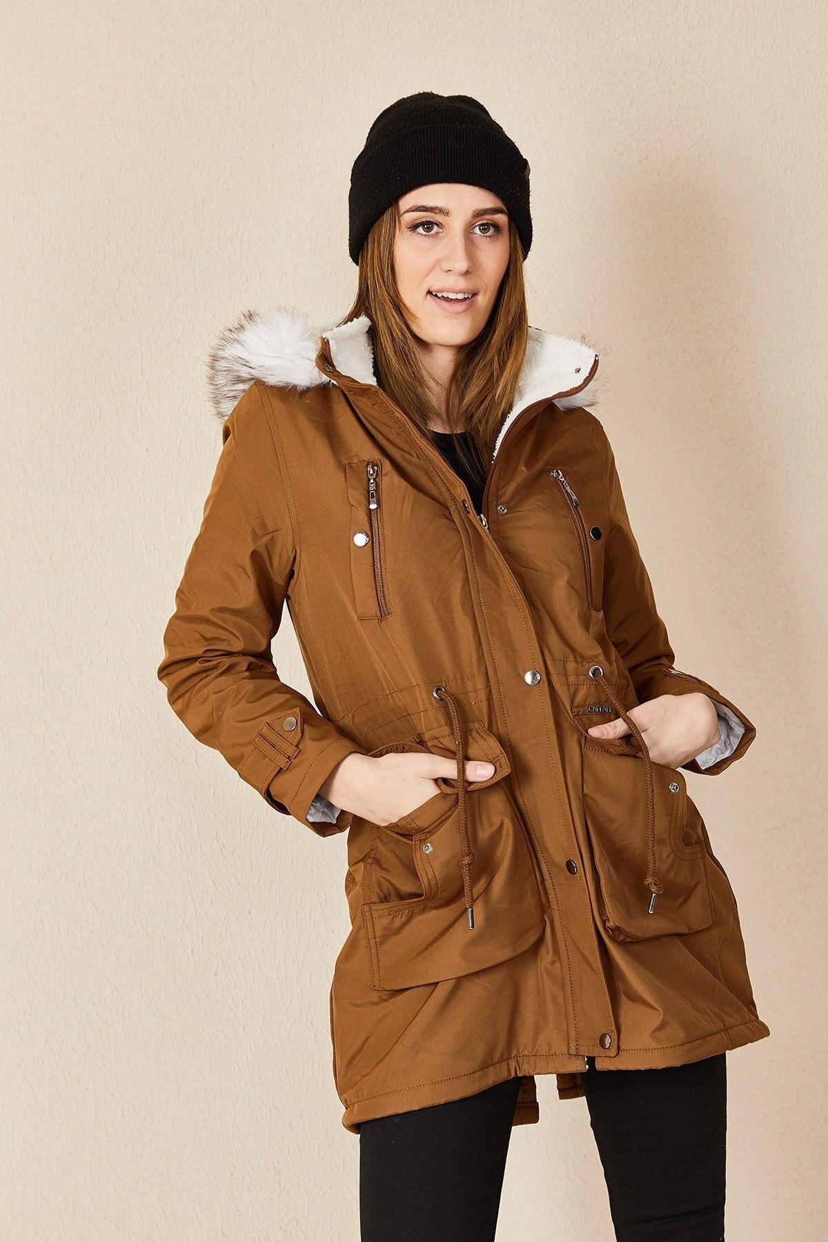 Levně HAKKE Women's Snap Fastener Hooded Fur Coat Chest Pocket Coat
