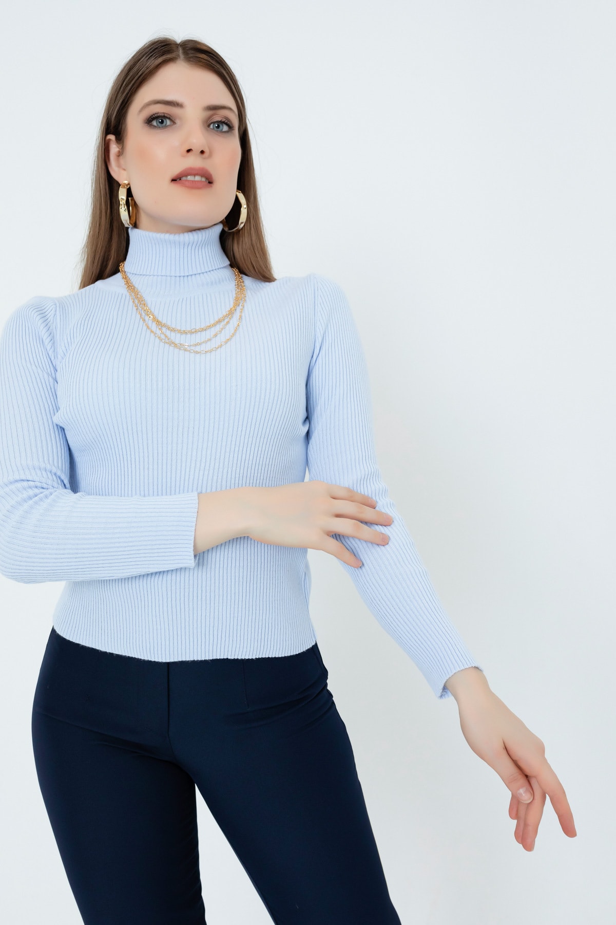 Levně Lafaba Women's Baby Blue Turtleneck Knitwear Sweater