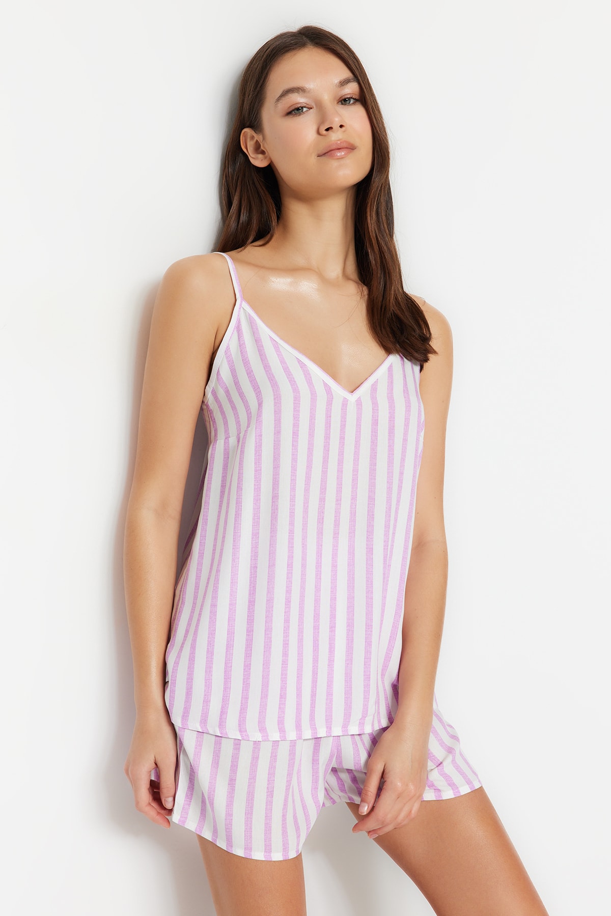 Levně Trendyol Weaving Lilac Striped Singlet-Shorts Pajamas Set
