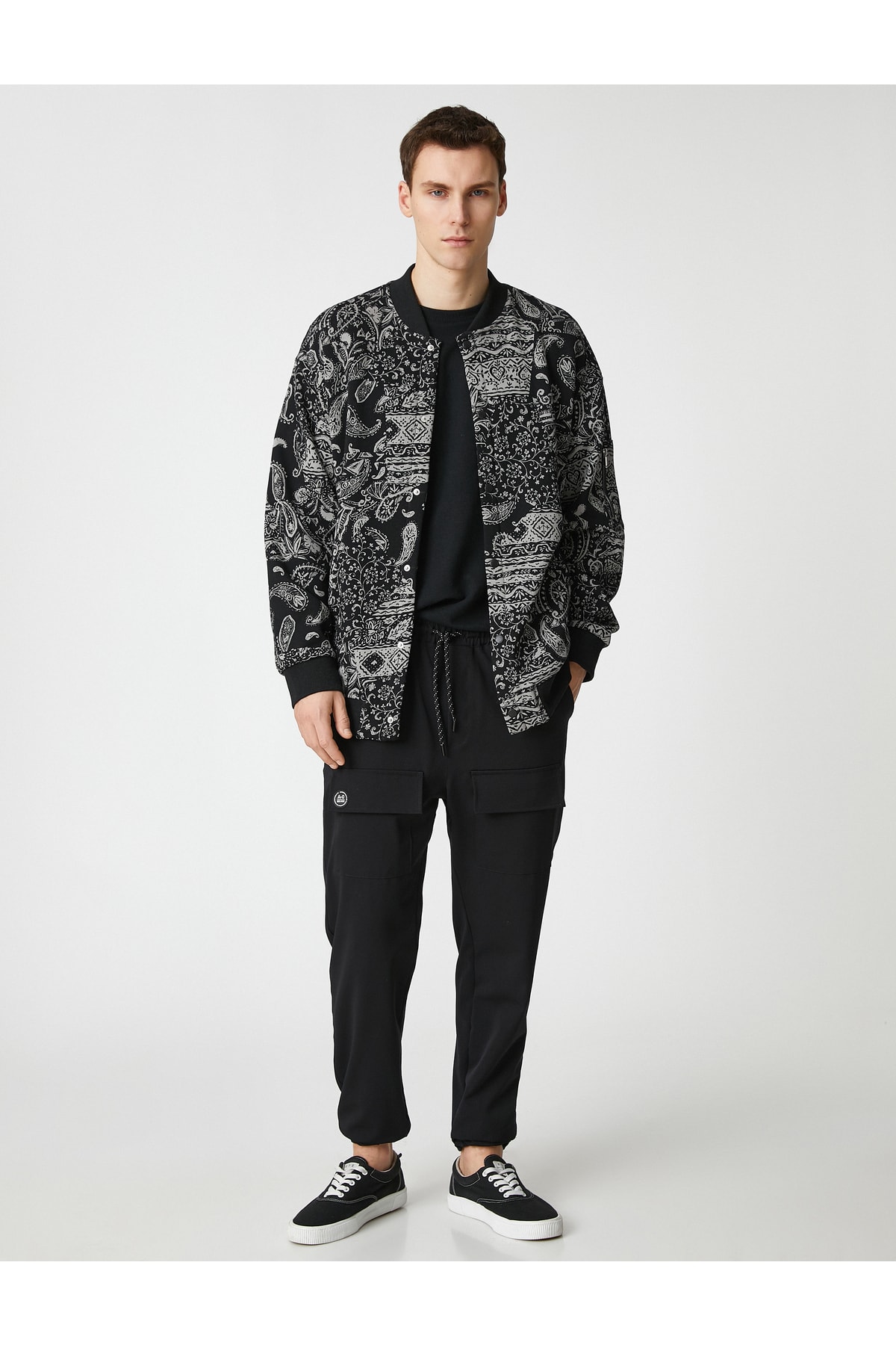 Koton Bomber Jacket with Snap Buttons, Shawl Pattern, Zipper Detail