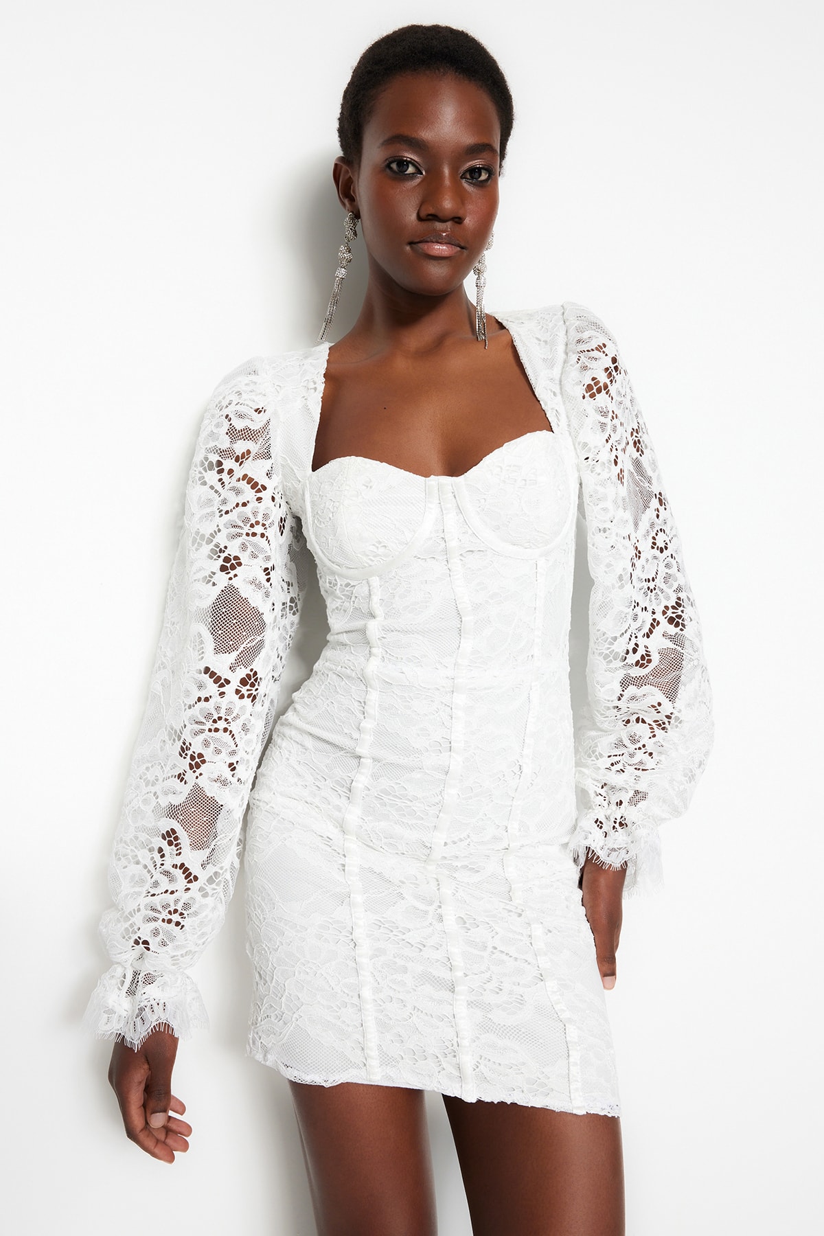 Trendyol Ecru Fitted Lined Lace Wedding/Wedding Elegant Evening Dress