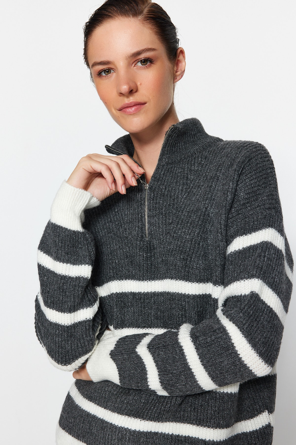 Trendyol Anthracite Soft Textured Zippered Striped Knitwear Sweater