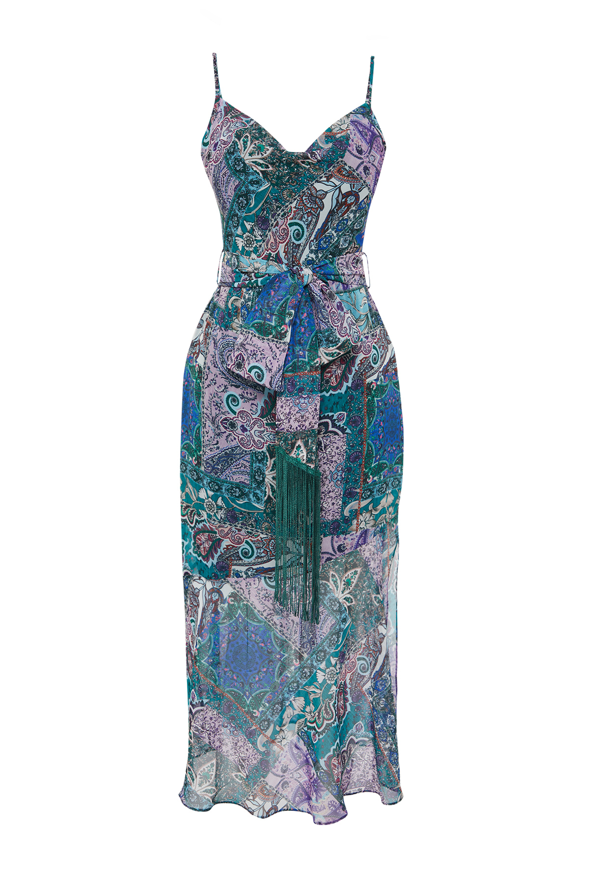 Trendyol Lilac Ethnic Patterned Belted A-Line Tassel Detailed Maxi Lined Chiffon Woven Dress