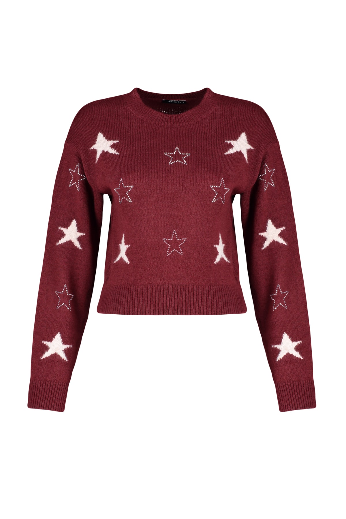 Levně Trendyol Burgundy Crop Měkký texturovaný vzorovaný pletený svetr