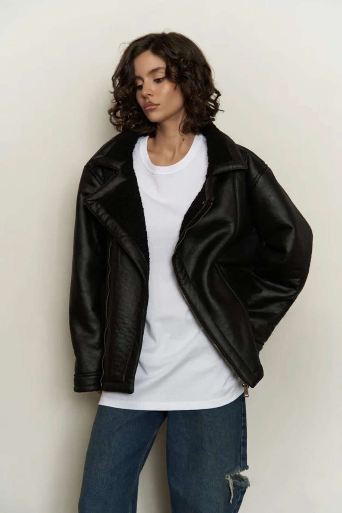 Levně Laluvia Black Fur Inside Leather Coat