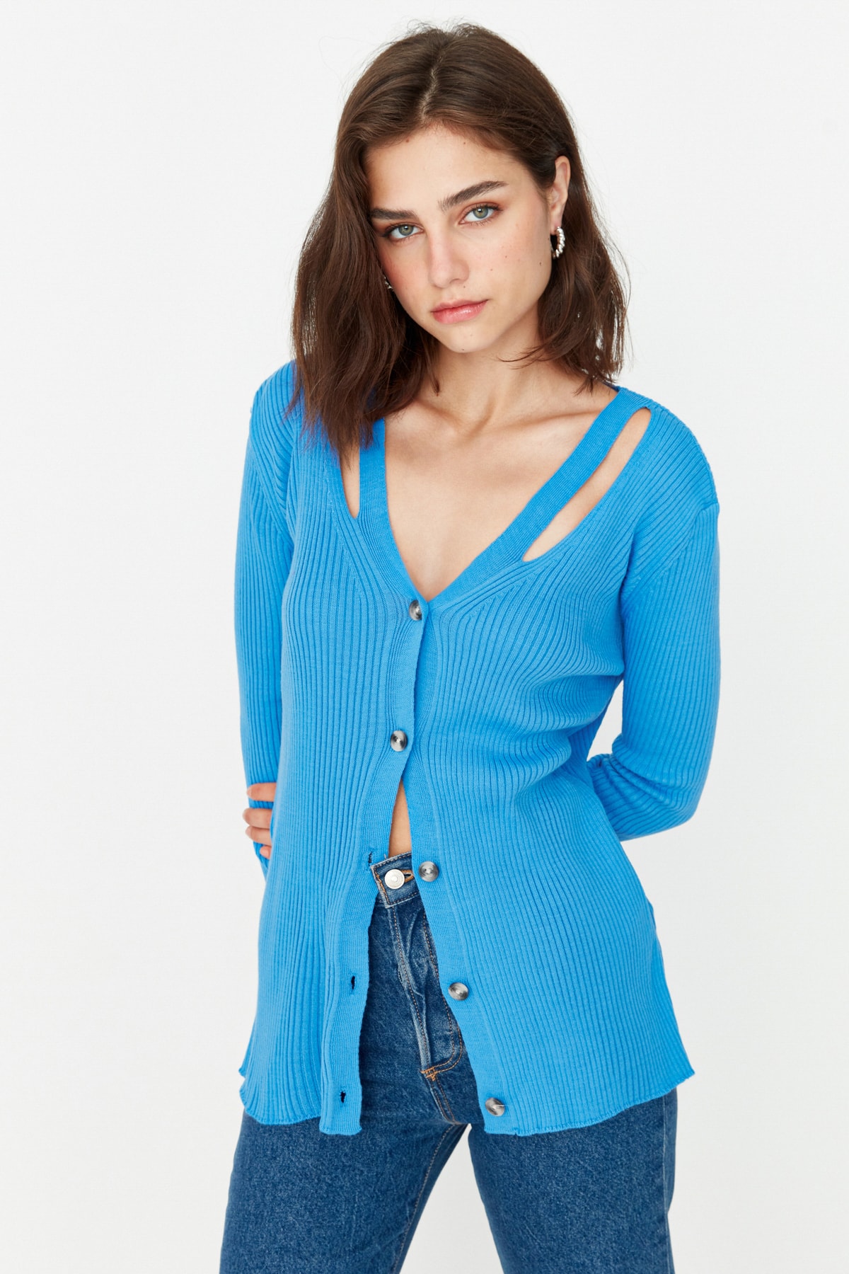 Trendyol Blue Cut Out Detailed Knitwear Cardigan