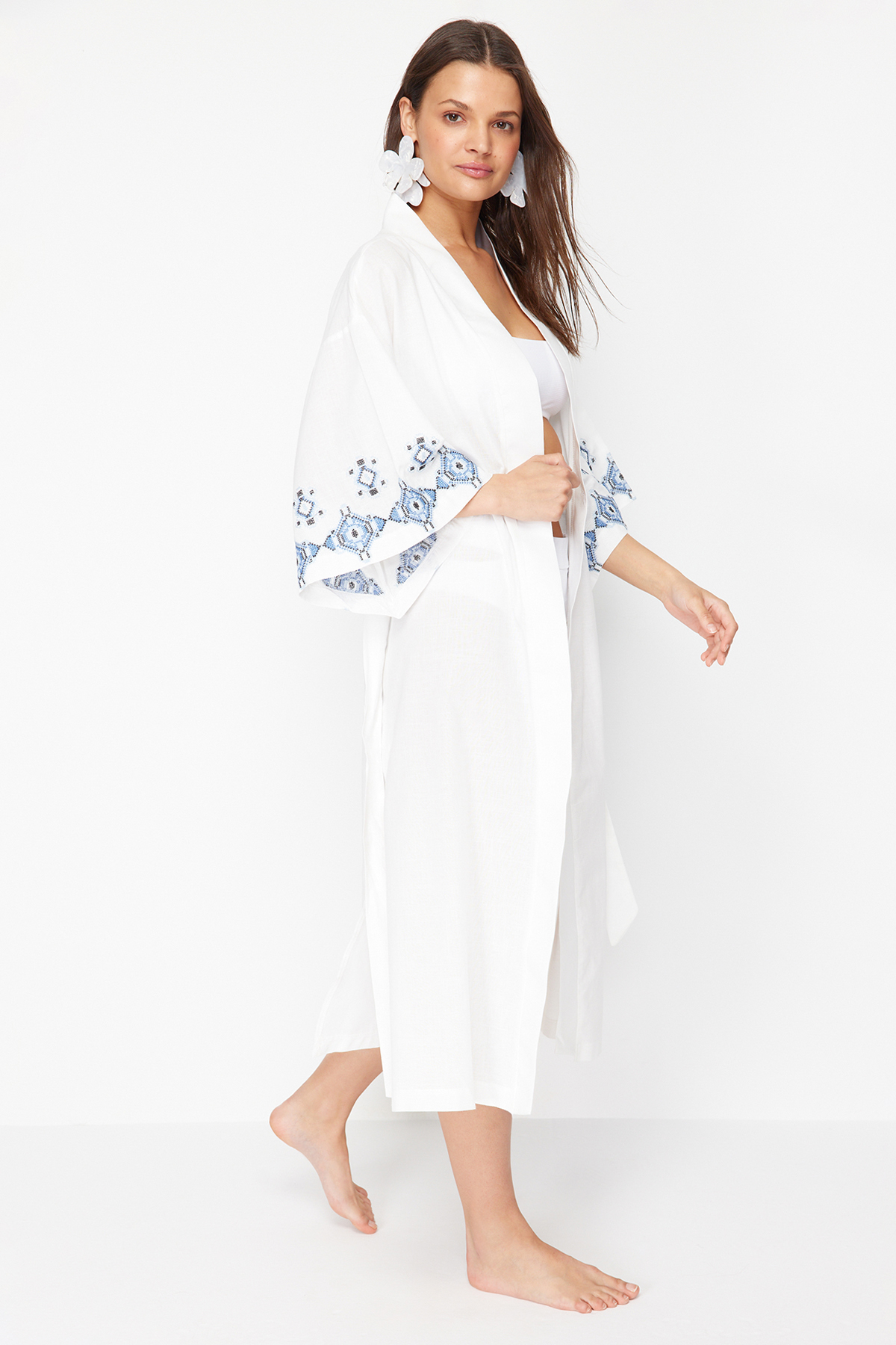 Trendyol Ecru Belted Maxi Woven Embroidered Linen Look Kimono&amp;Kaftan