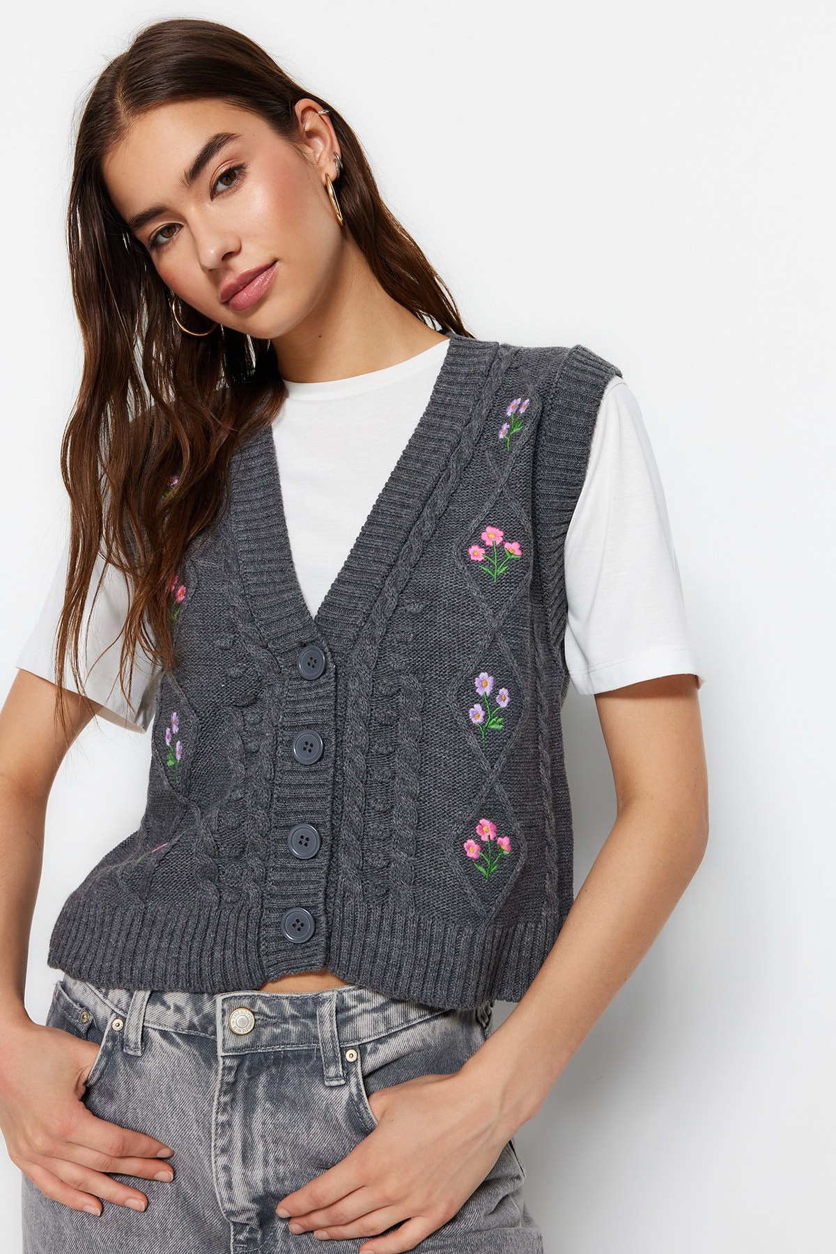Trendyol Anthracite V-Neck Embroidery Detail